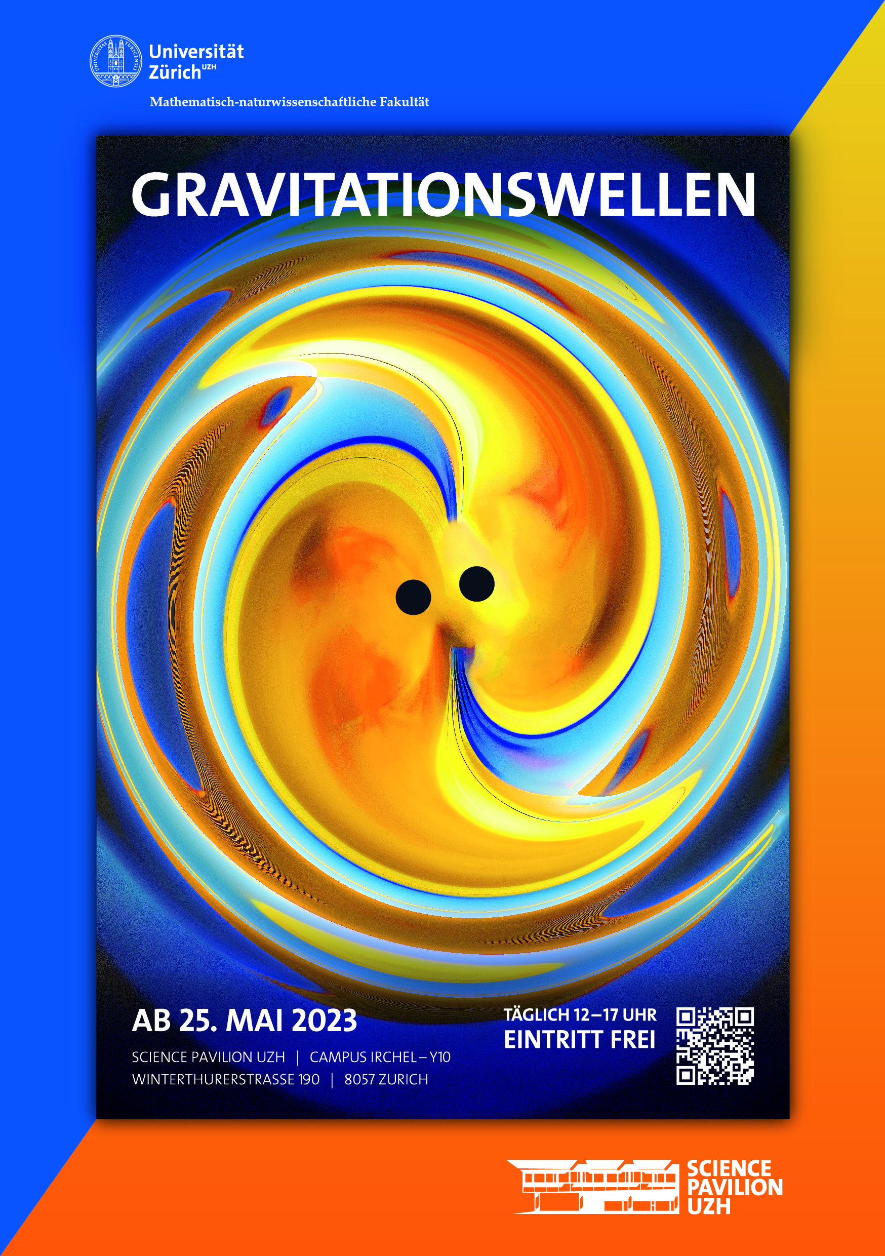 Infografik: Gravitationswellen-Ausstellung im Science Pavilion UZH. Die Ausstellung wird ab dem 25. März zu besuchen sein. 