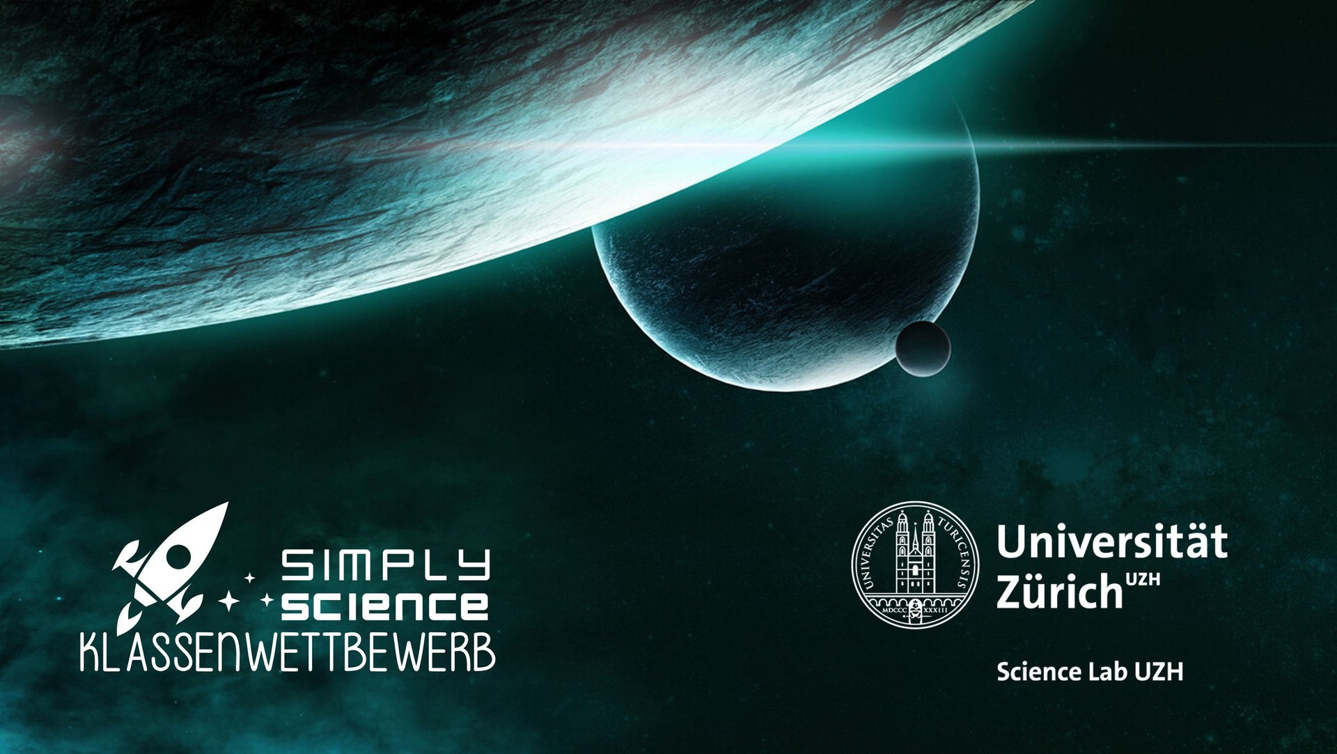  Infografik vonSimply Science Klassenwettbewerb In Zusammenarbeit mit Science Lab UZH. 3 Planeten auf dunkle Hintergrund.