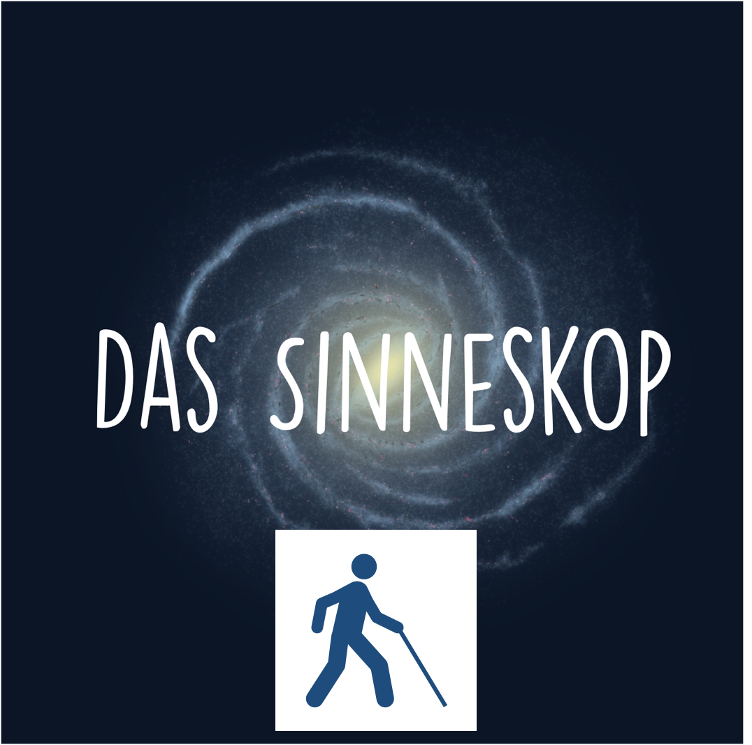 Logo vom Sinneskop: ein Bild von eine Spiral Galaxie auf Dunkle Hintergrund. Die Veranstaltung zugänglich für blinde Menschen.